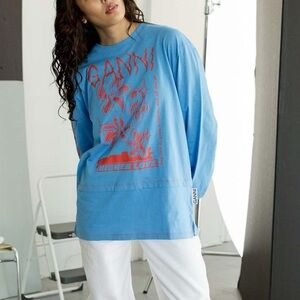 Ganni Blue Long Sleeve Tee with Red Print
